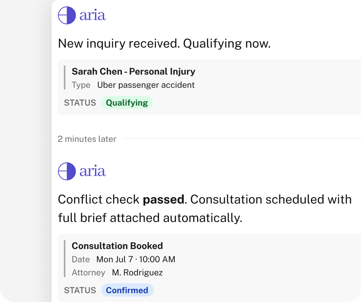 ARIA qualifying a new personal injury inquiry and booking the consultation two minutes later