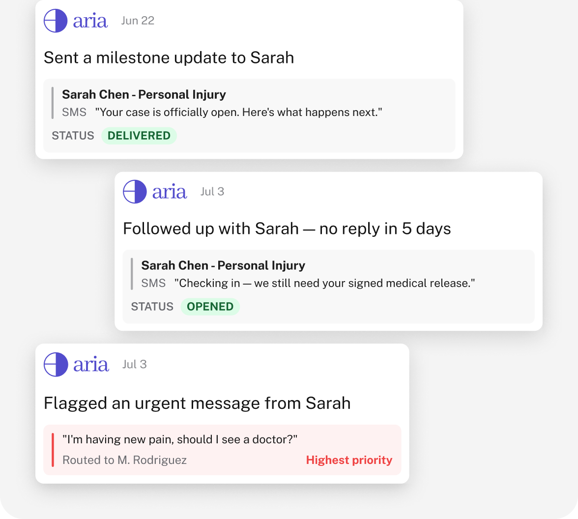 ARIA sending a milestone update, following up after no reply, and flagging an urgent client message