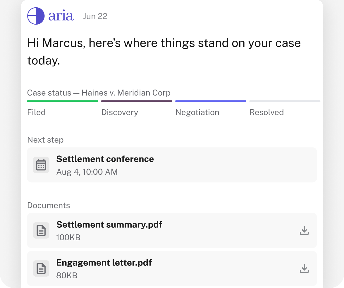 ARIA client portal showing case status, next step and downloadable case documents