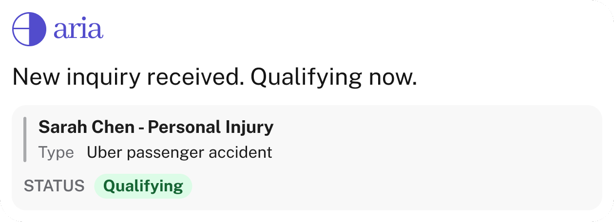 ARIA notification: new inquiry received from Sarah Chen, qualifying now