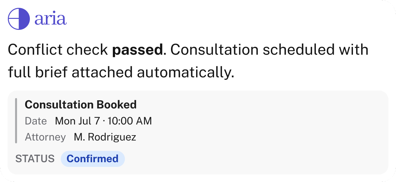 ARIA notification: conflict check passed, consultation booked with the full brief attached
