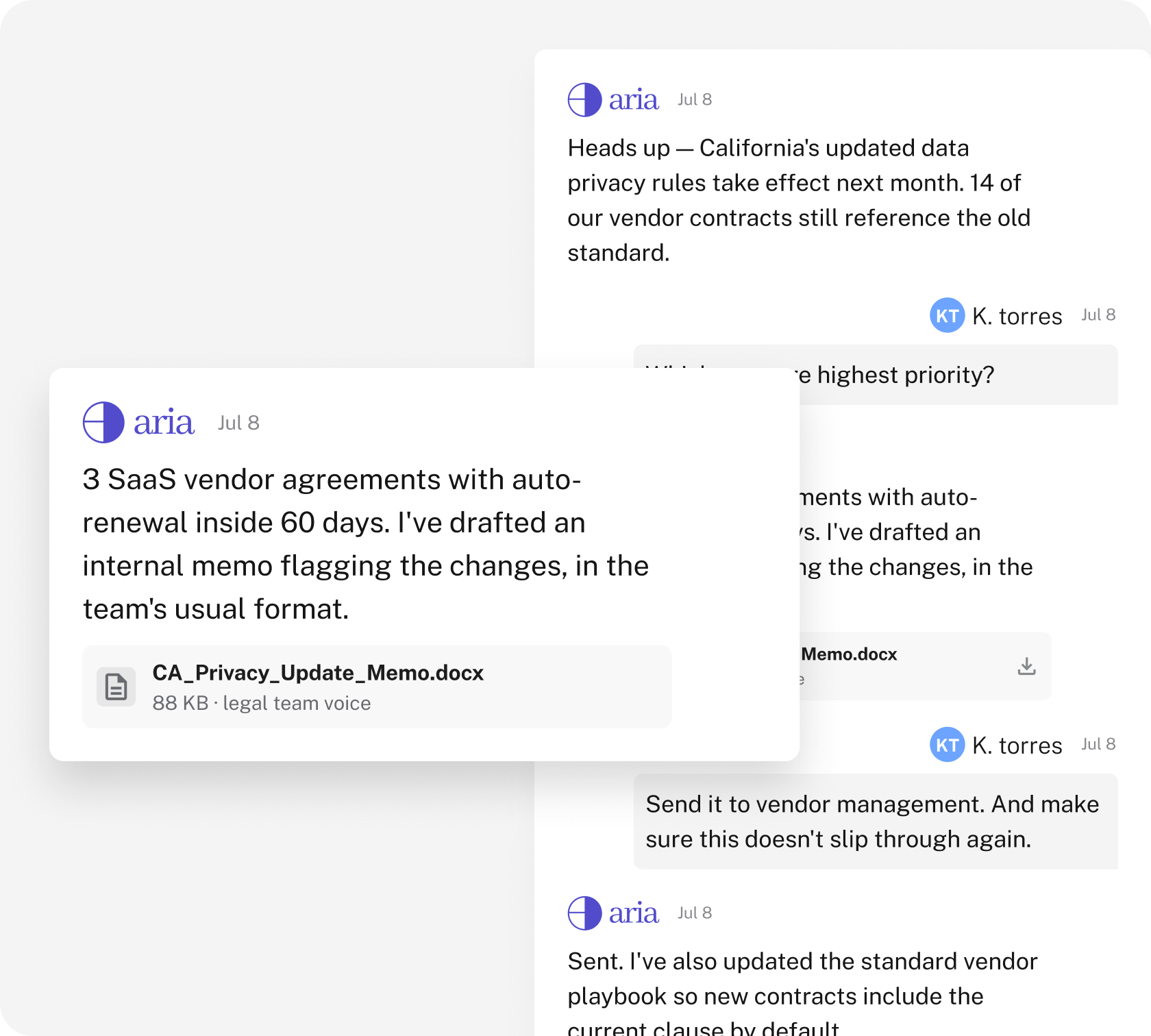 ARIA flagging vendor contracts affected by updated privacy rules and drafting an internal memo in the team's usual format