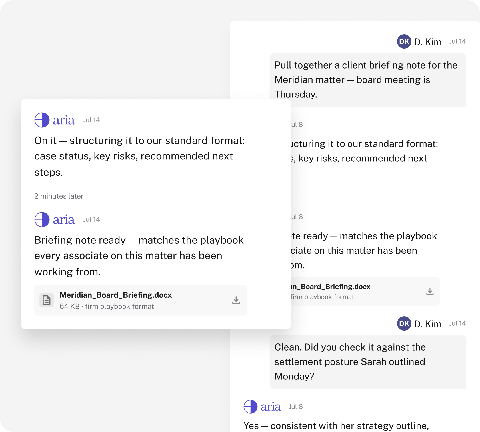 ARIA structuring a client briefing note to the firm's standard format ahead of a board meeting