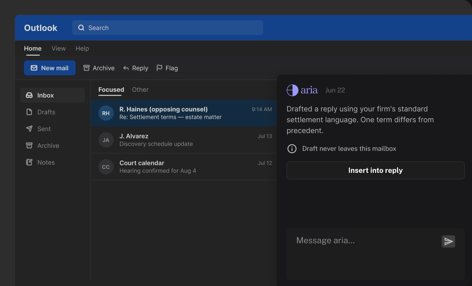 ARIA drafting a settlement reply inside an Outlook mailbox without the draft leaving it