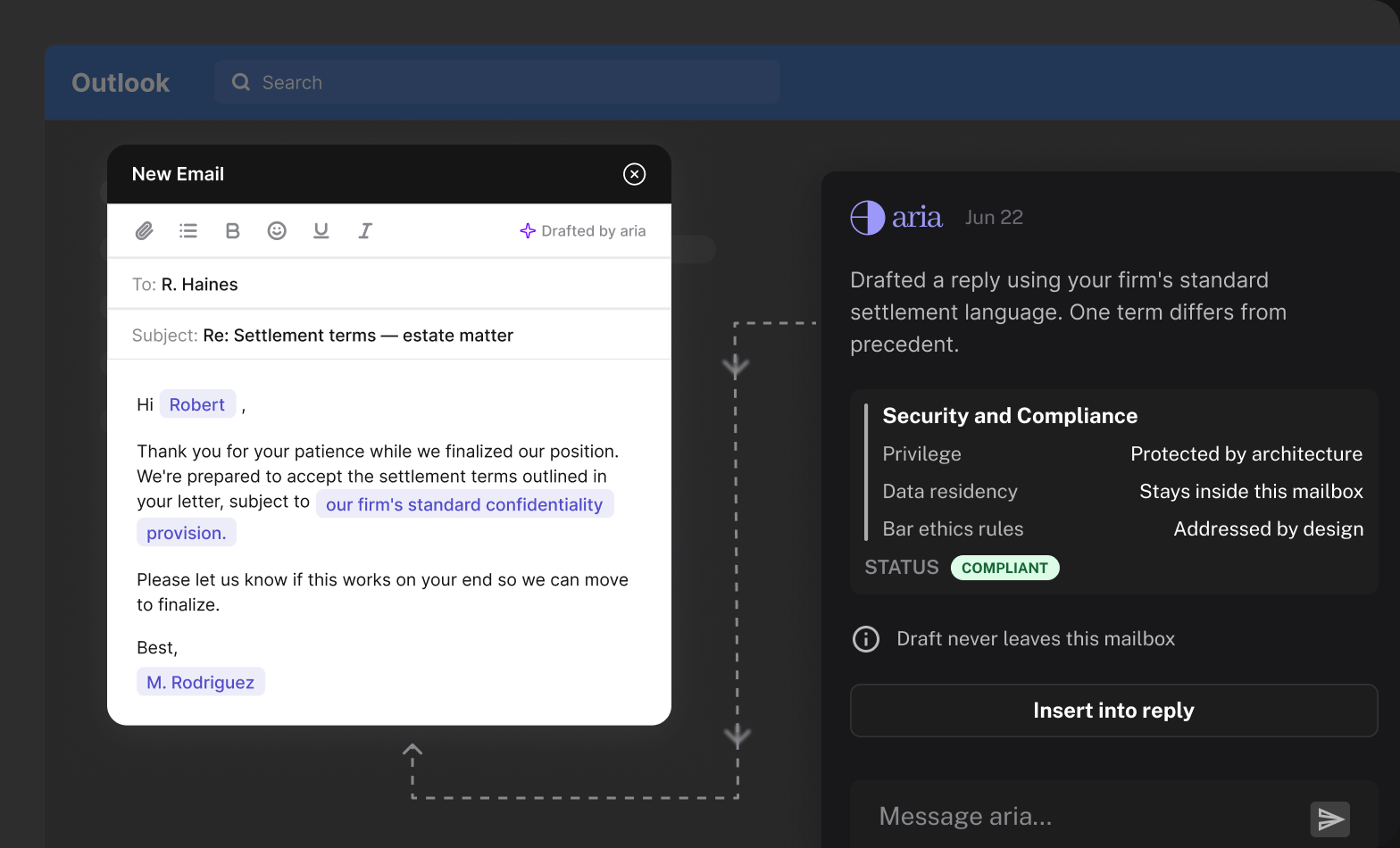 ARIA composing an email while a security and compliance panel confirms privilege, data residency and bar ethics status