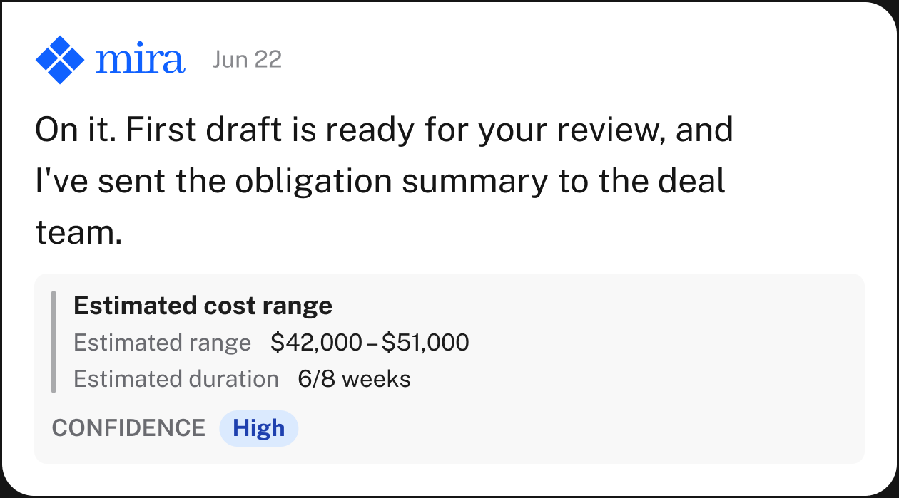 MIRA notification: first draft ready for review with an estimated cost range of $42,000 to $51,000 at high confidence
