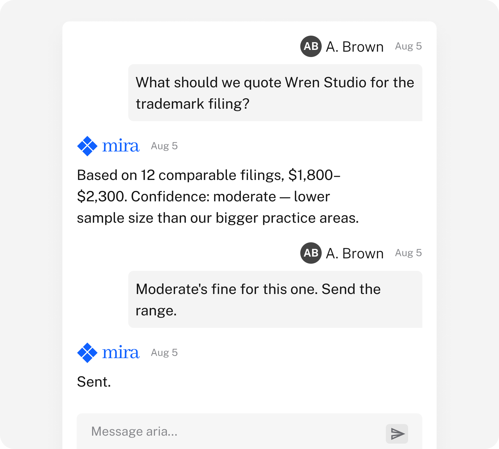 MIRA quoting a trademark filing range from 12 comparable filings and flagging the moderate confidence behind it