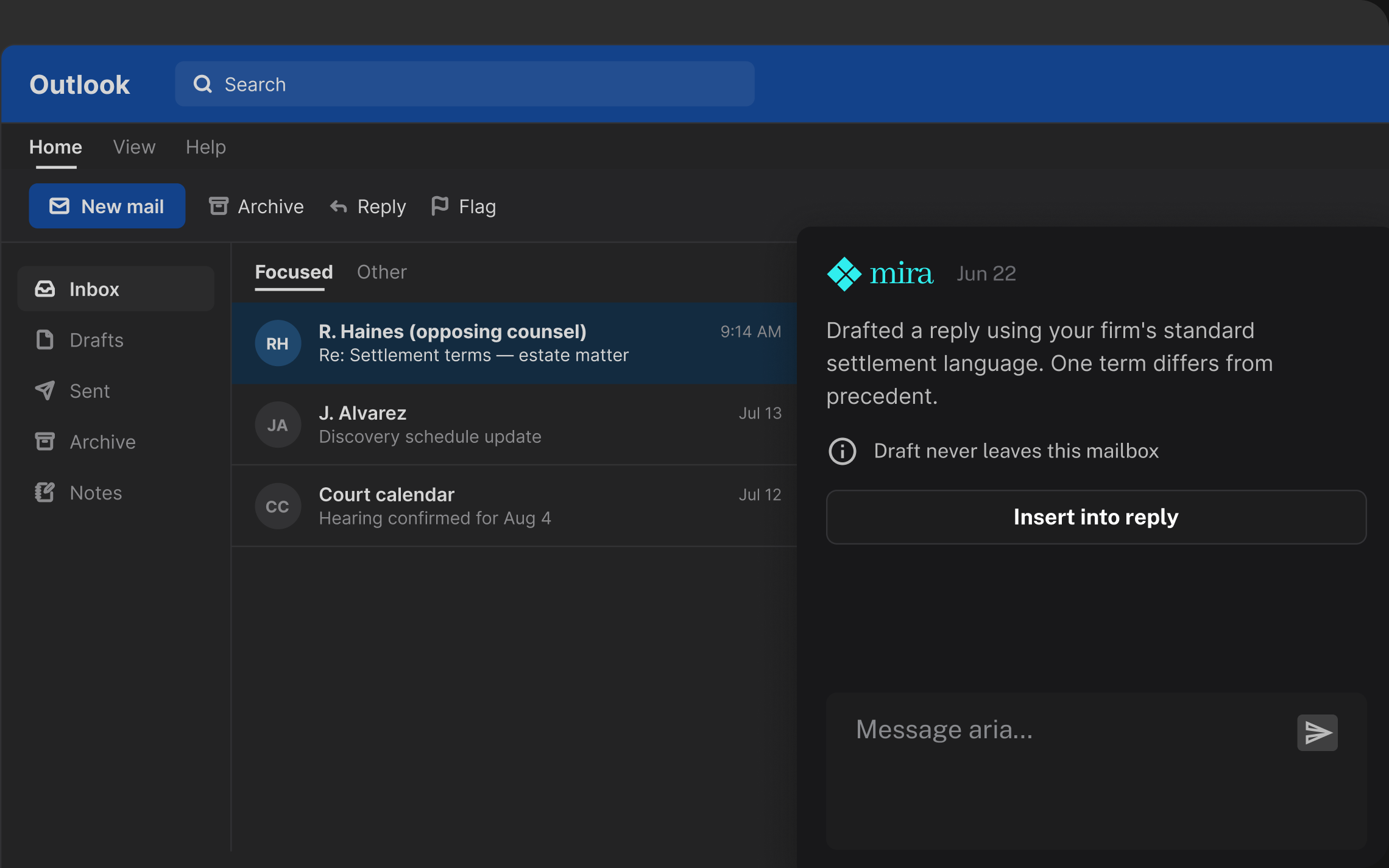 MIRA drafting a settlement reply inside an Outlook mailbox from the firm&rsquo;s own precedent, without the draft leaving the mailbox