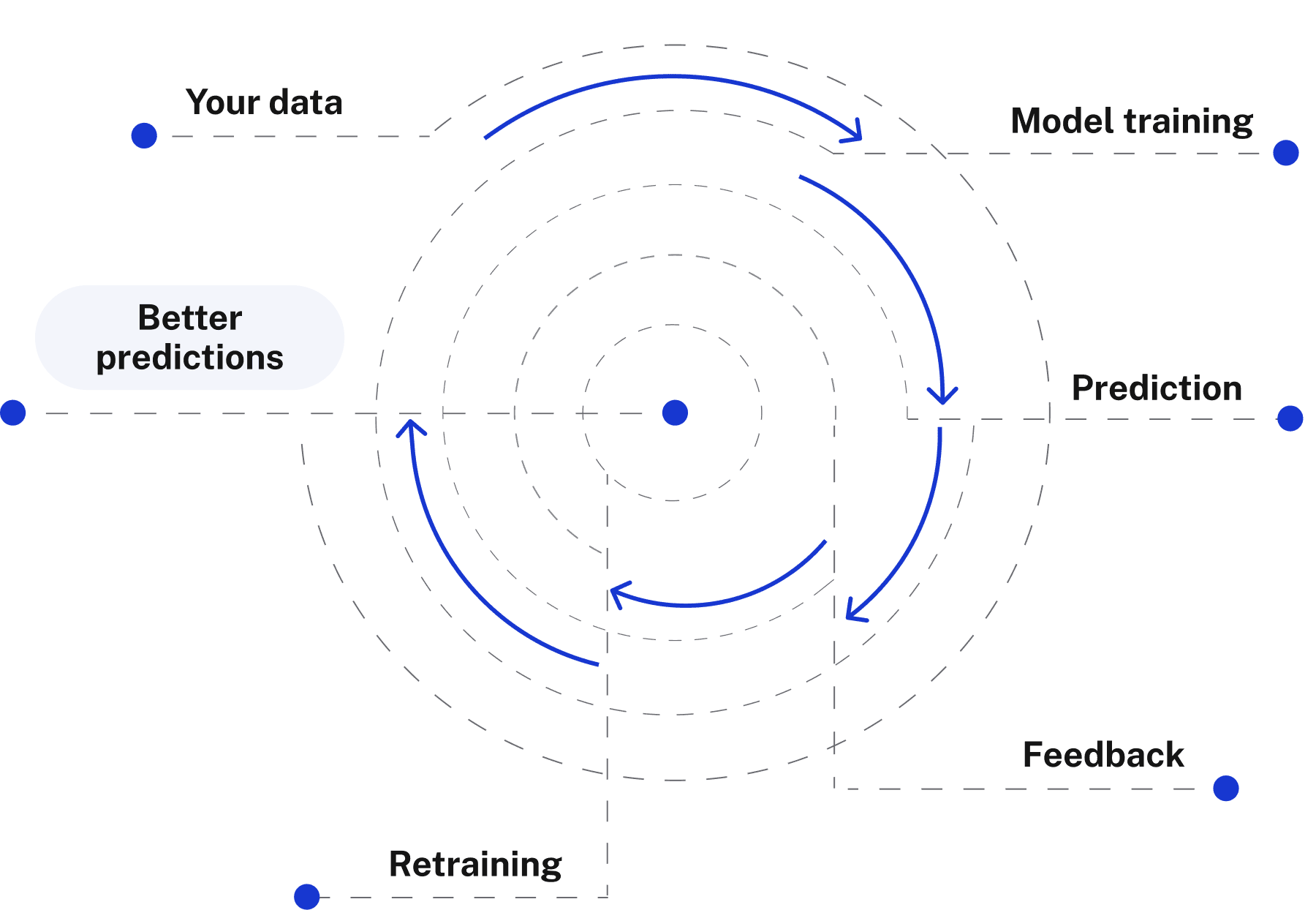 Machine learning lifecycle diagram — your data, model training, prediction, feedback, and retraining producing better predictions.