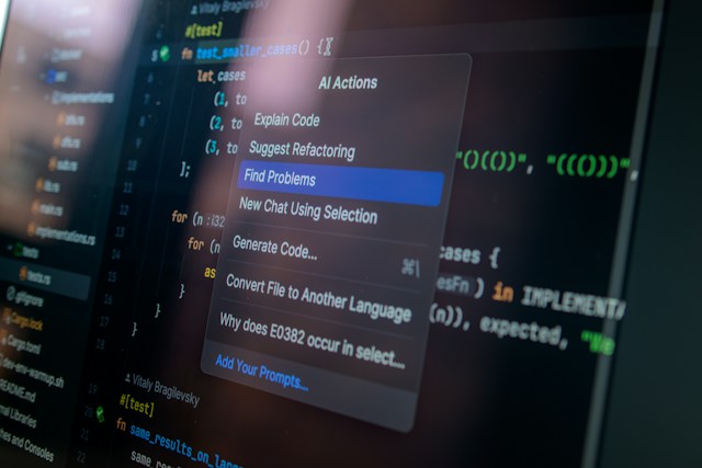 Code editor with an AI Actions menu offering options such as Explain Code, Suggest Refactoring and Find Problems
